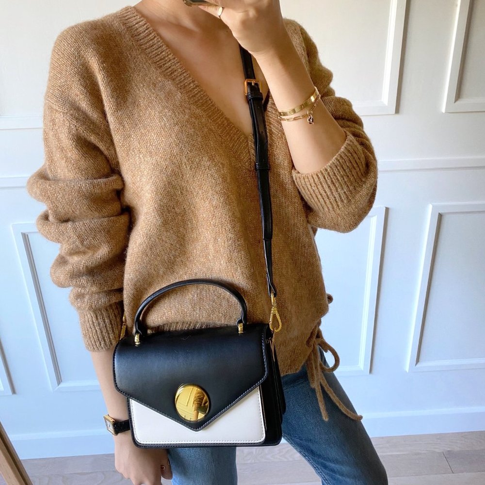 The June Genuine Leather Satchel - Black/White - Picture 7 of 13